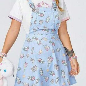 Kawaii Pinafore Overall Mini Dress Blue w/ Pastel Desserts Print & Bib Pocket